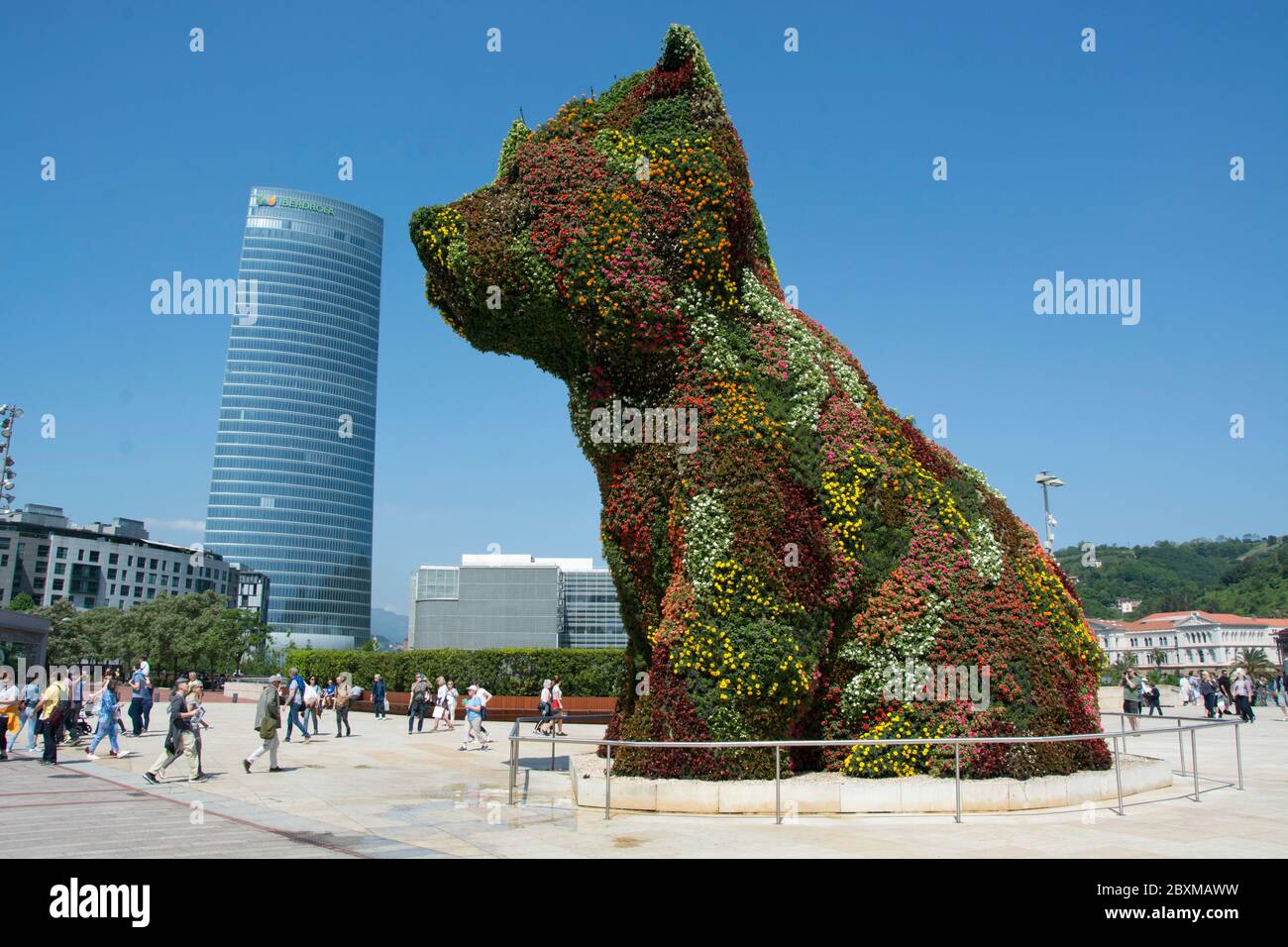Die blühende Hunde-Skulptur vor dem Guggenheim-Museum in Bilbao Stockfoto