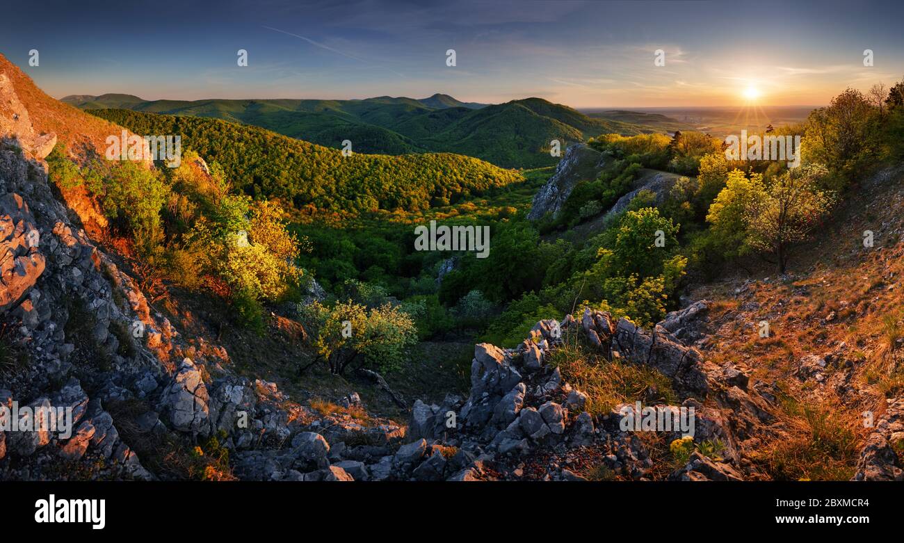 Panoramablick von Vapenna in den Kleinen Karpaten. Sonnenaufgang, Abenddämmerung, Slowakei. Berg, Hügel, Wald. Stockfoto