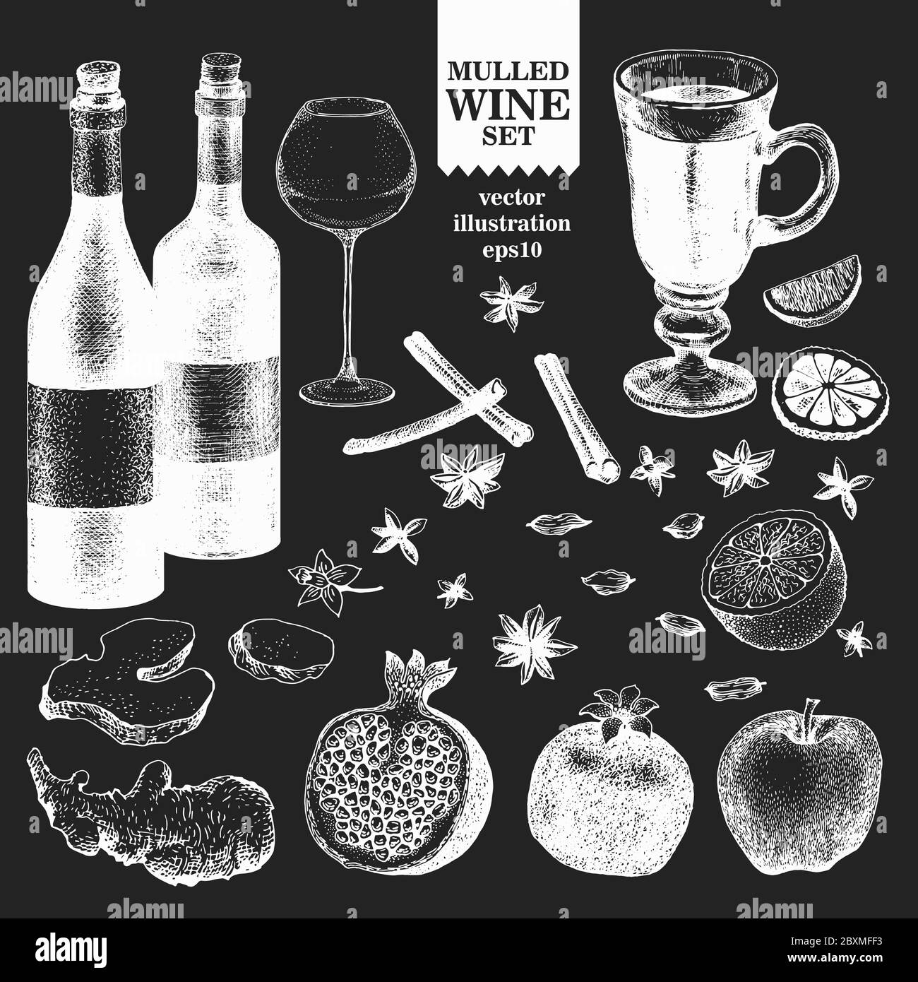 Handgezeichnete Illustrationen zu Glühweininhaltsstoffen. Vektorgrafiken auf Kreidetafel. Vintage-Hintergrund Stock Vektor