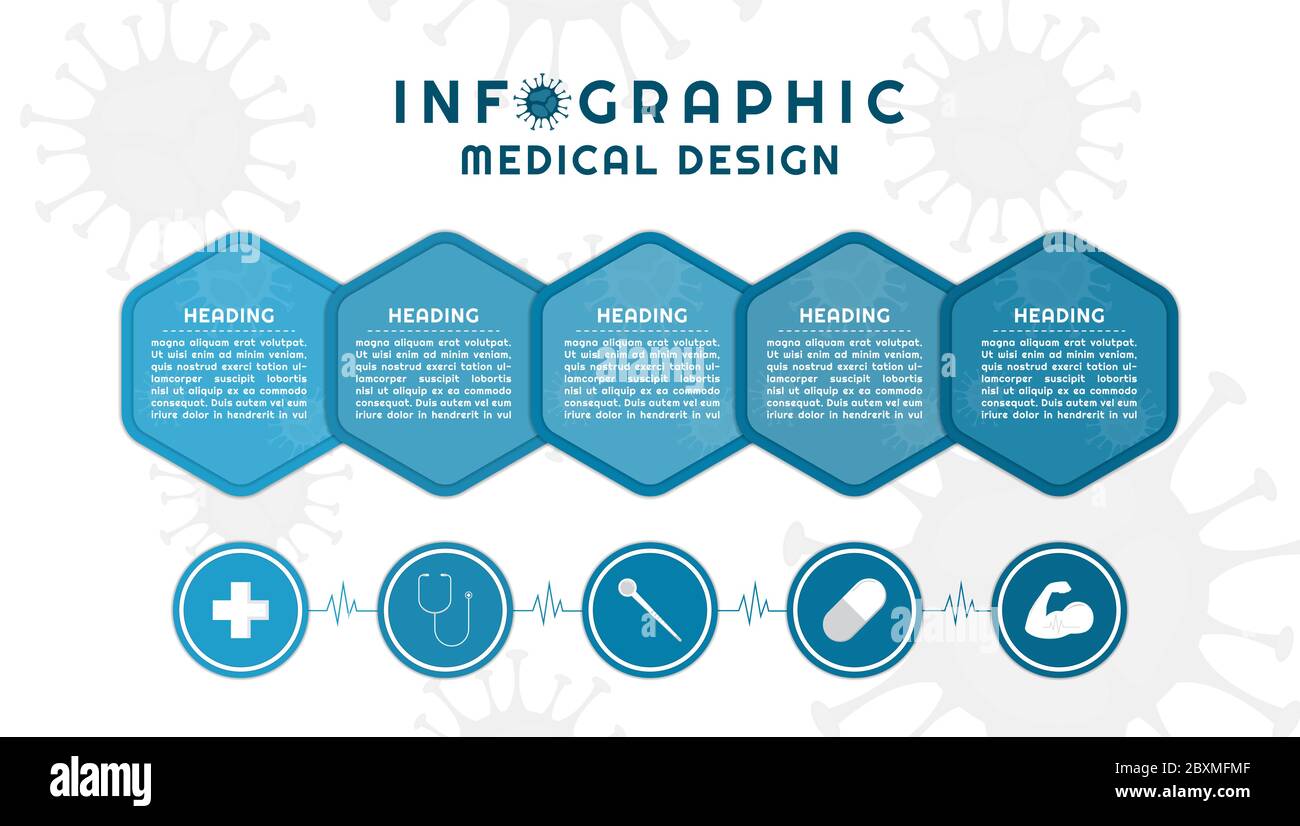 Infografik Hexagon überlappen Form Design für Medizin mit Icon Stil. vektor-Illustration. Stock Vektor