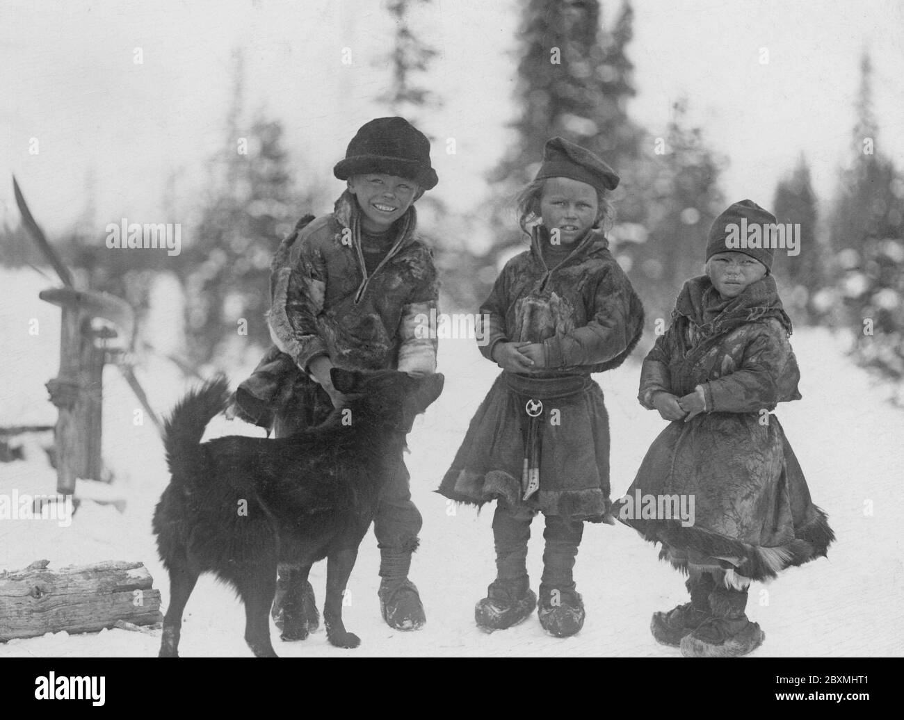 Sami im schwedischen Lappland 1910. Drei kleine sami-Kinder mit Hund i Gällivare, Lappland, Schweden Stockfoto