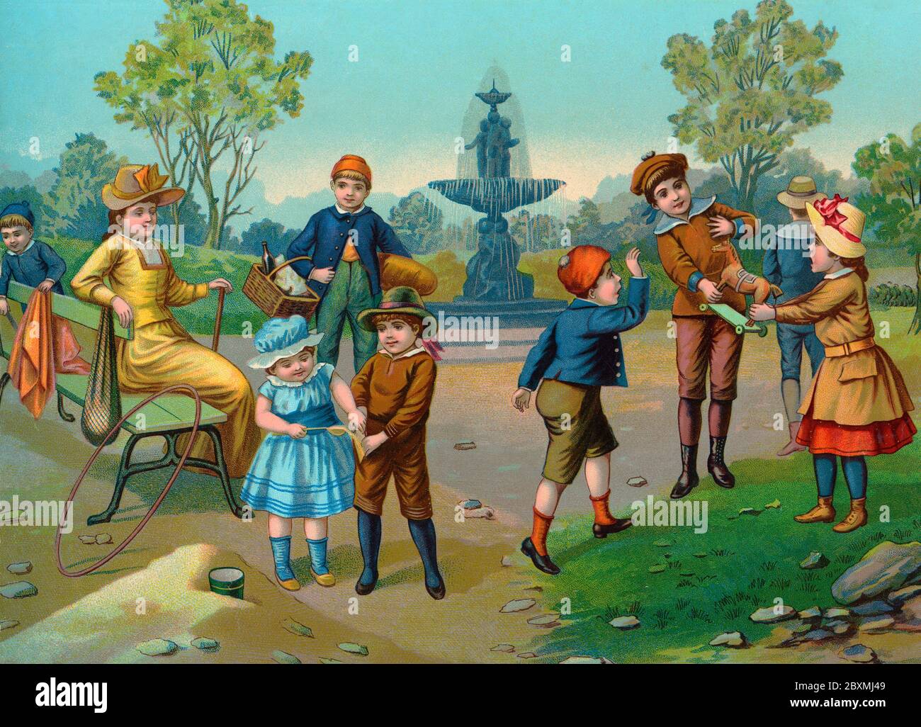 Alte Abbildung. Auf dieser britischen Illustration des 19. Jahrhunderts spielen Kinder draußen mit typischen Spielsachen der Zeit. Eine fröhliche Sommerszene. Stockfoto