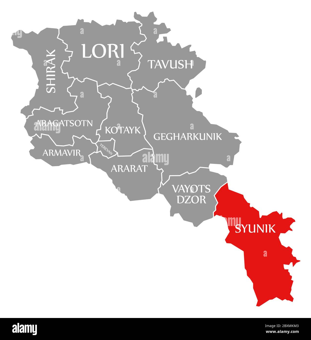 Syunik rot in der Karte von Armenien hervorgehoben Stockfoto