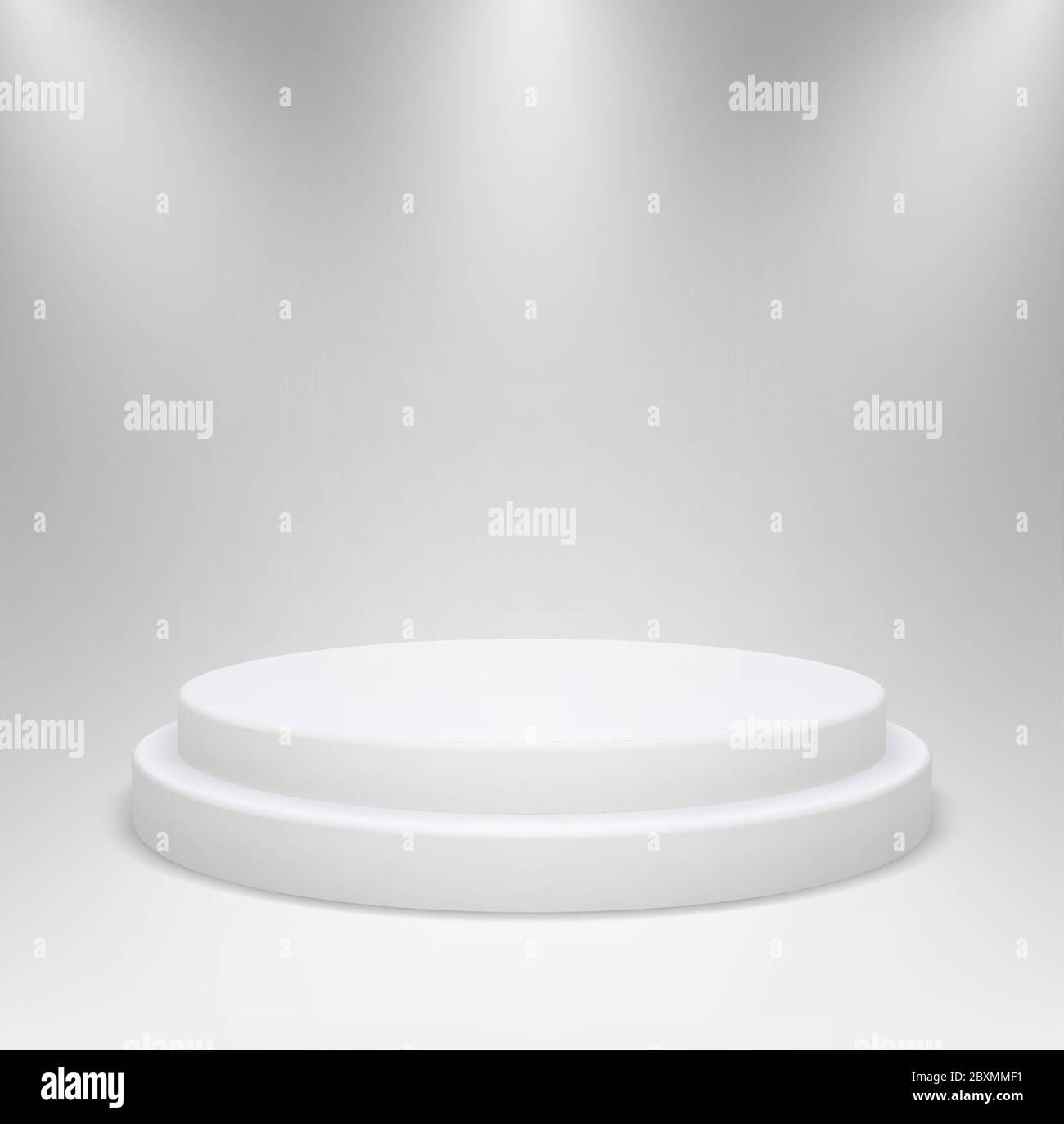 Realistisches weißes rundes Podium in Studiobeleuchtung. 3d-Sockel oder Plattform für Produktpräsentation auf grauem Hintergrund. Stock Vektor