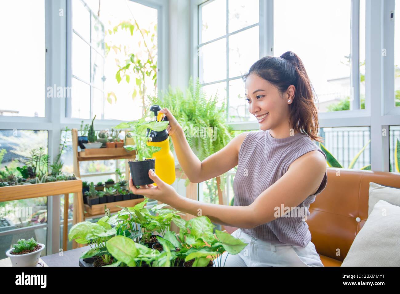 Asiatische Frau kümmert sich um den Baum und ist mit einem Spray von Wasser auf den Baum an einem erholsamen Tag im Garten zu Hause. Stockfoto