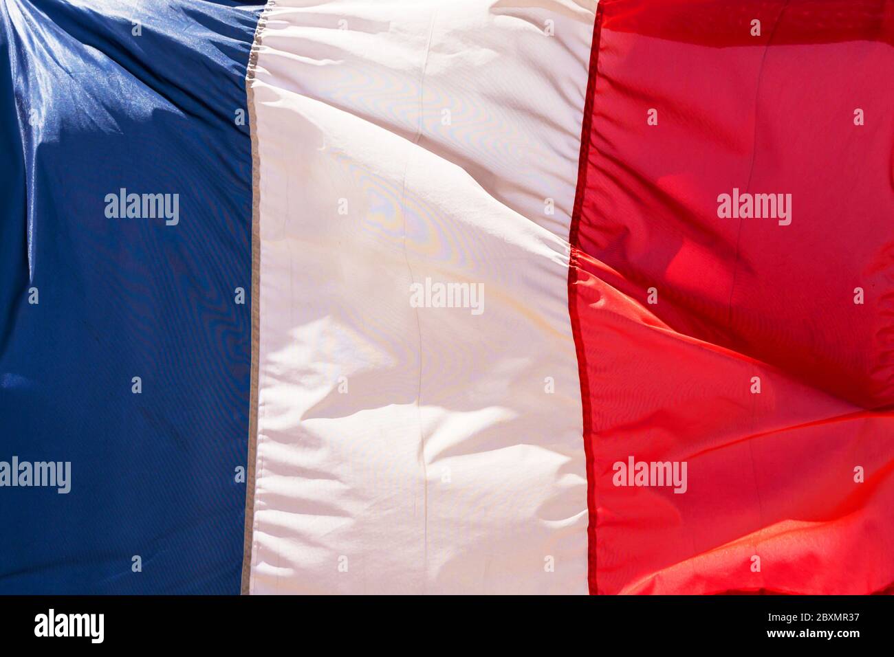 Französisch blau weiß rote Flagge Hintergrund, echter Stoff Stockfoto