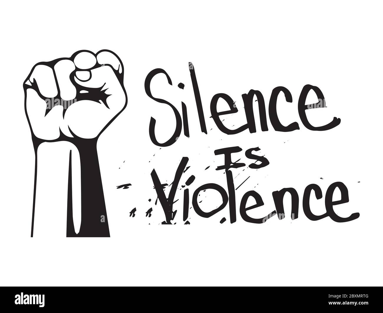 Schweigen ist Gewalt mit Faust. Piktogramm Illustration Darstellung Stille ist Gewalt Text. BLM Schwarze Leben sind wichtig. Schwarz-weiße EPS-Vektordatei. Stock Vektor