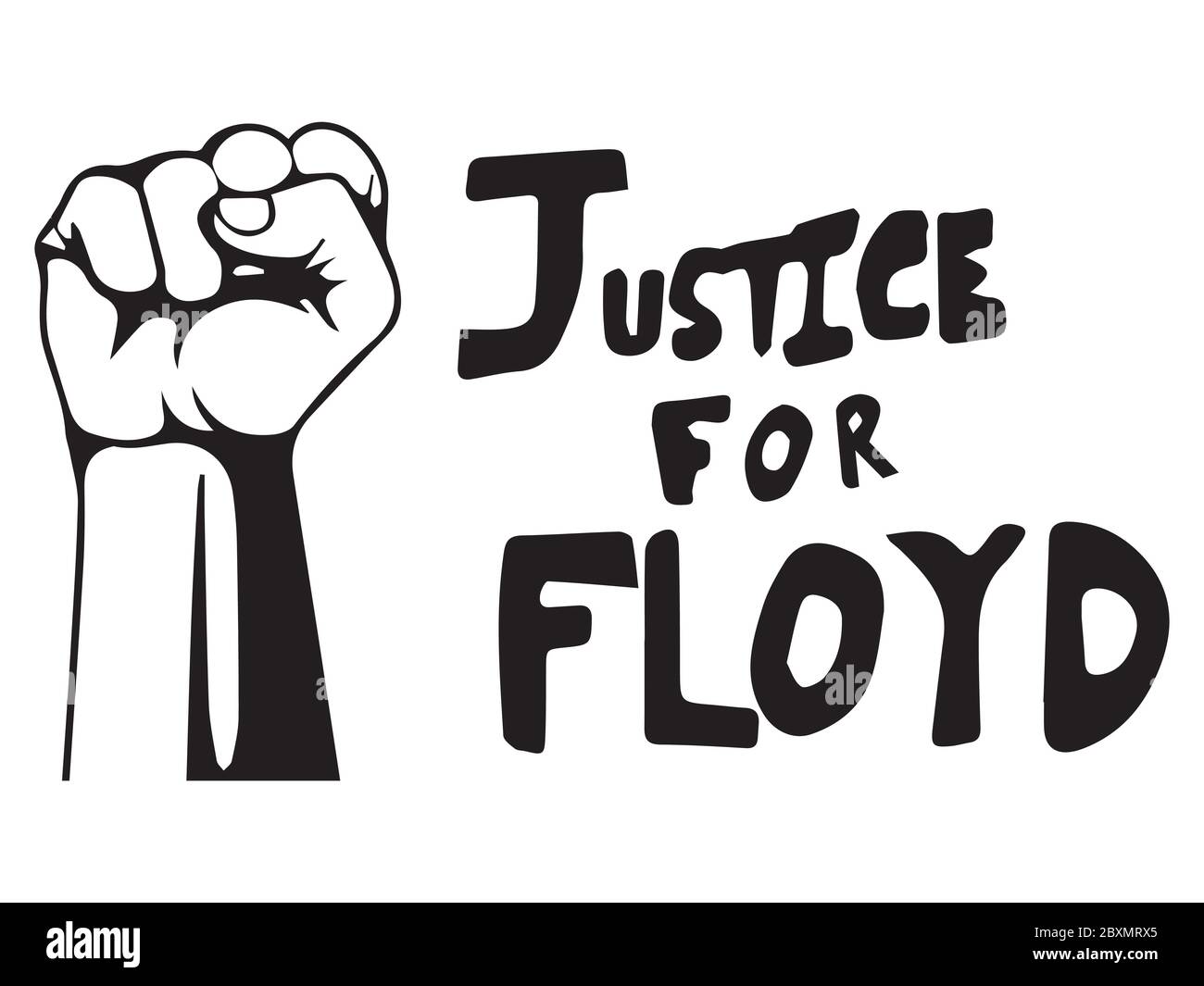 Gerechtigkeit für Floyd mit Faust. Piktogramm Illustration zur Darstellung von Gerechtigkeit für Floyd Text mit BLM Fist Logo. Schwarz-weiße EPS-Vektordatei. Stock Vektor