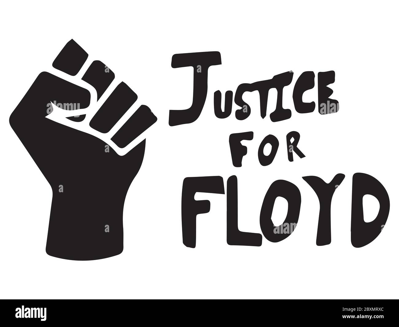 Gerechtigkeit für Floyd mit Faust. Piktogramm Illustration Darstellung Gerechtigkeit für Floyd Text mit BLM-Logo Faust. Schwarz-weiße EPS-Vektordatei. Stock Vektor