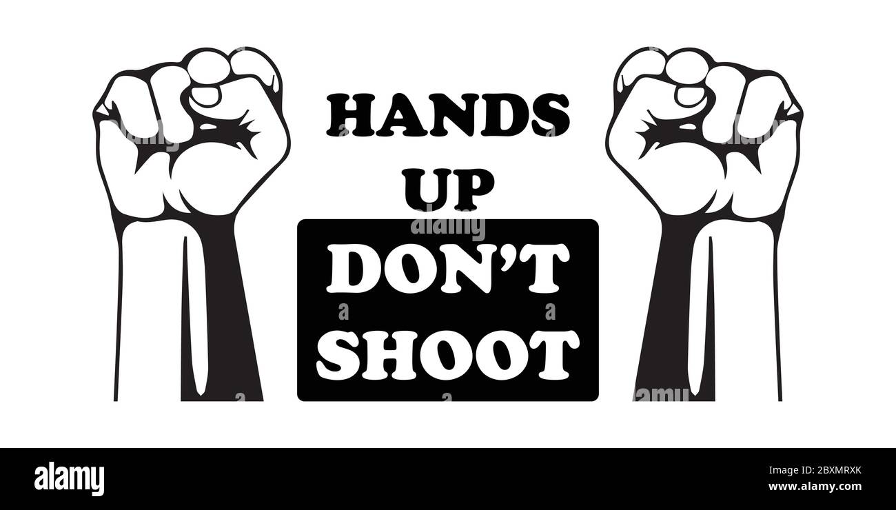 Hände hoch Schießen Sie nicht mit zwei Faustfisten. Piktogramm Illustration mit Händen nach oben Schießen Sie nicht mit zwei Fausten. BLM Schwarze Leben sind wichtig. Schwarz-weißes EPS Stock Vektor