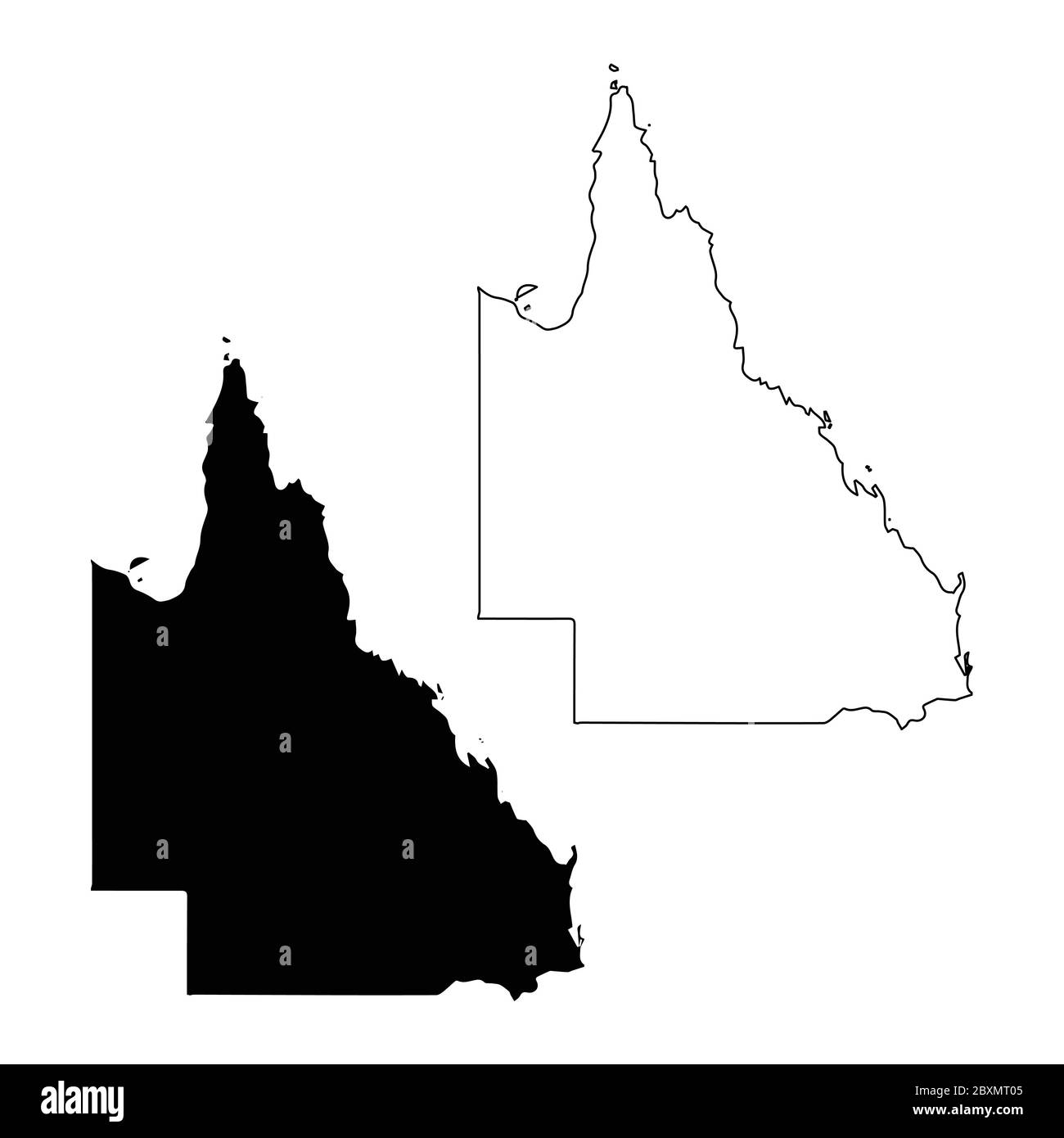 Karte von Queensland Australien. Schwarze und umrissfarbige Karten. EPS-Vektordatei. Stock Vektor