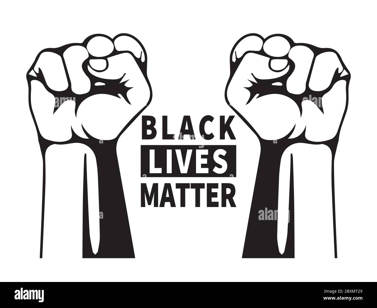 Schwarz lebt Materie Text mit zwei Fäusten. Piktogramm Illustration Darstellung Black Lives Matter Text mit 2 Fäusten. Schwarz-weiße EPS-Vektordatei. Stock Vektor