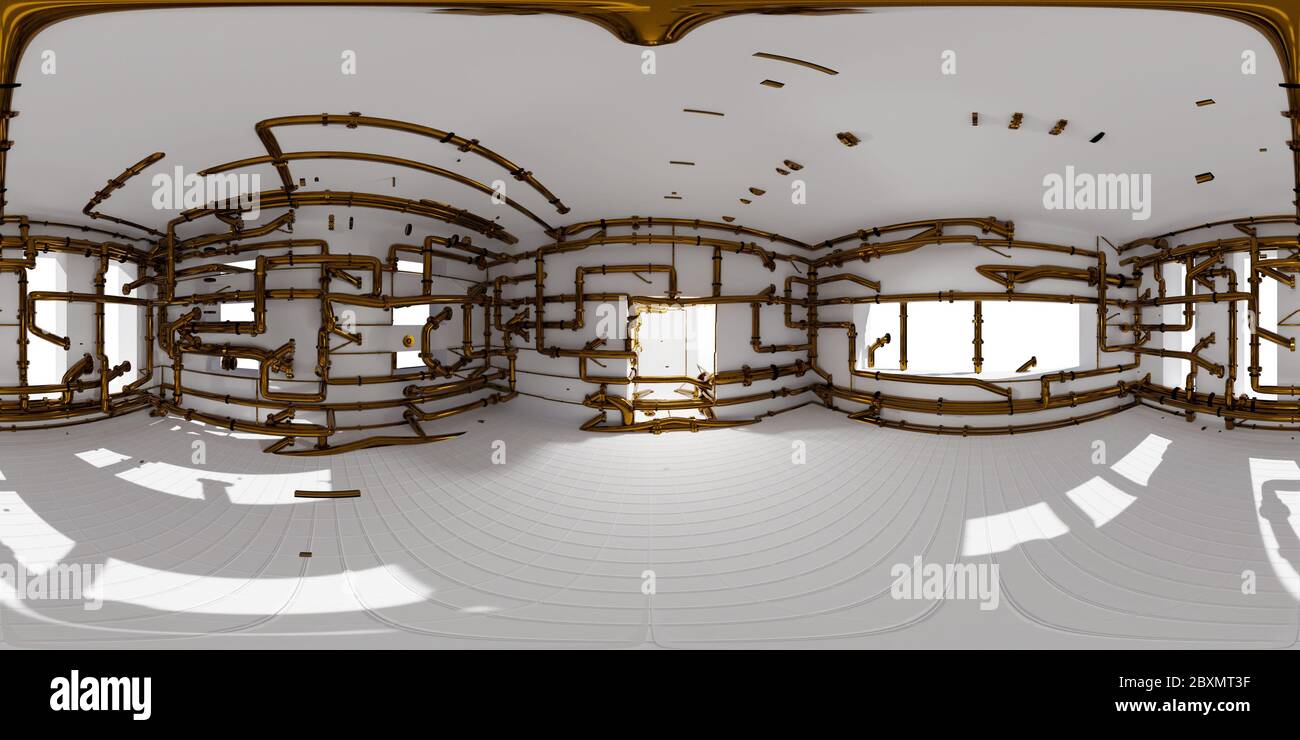 4K HDRI Karte, sphärischer Umgebung Panorama Hintergrund, Raum mit Rohren, Innenbeleuchtung Rendering (3d equipularctangularctangical Rendering) Stockfoto