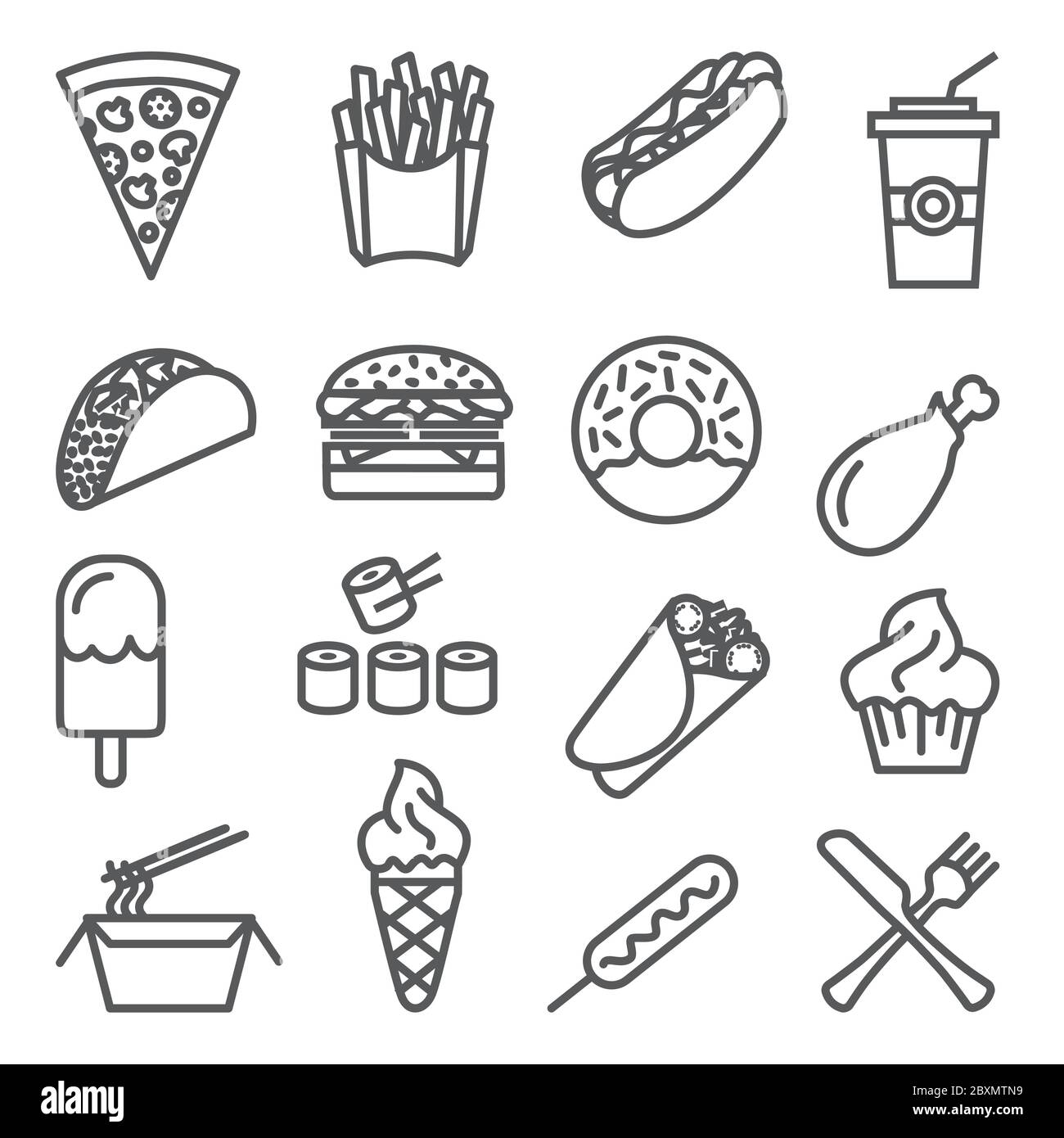 Symbole für Fast Food-Linien auf weißem Hintergrund Stock Vektor