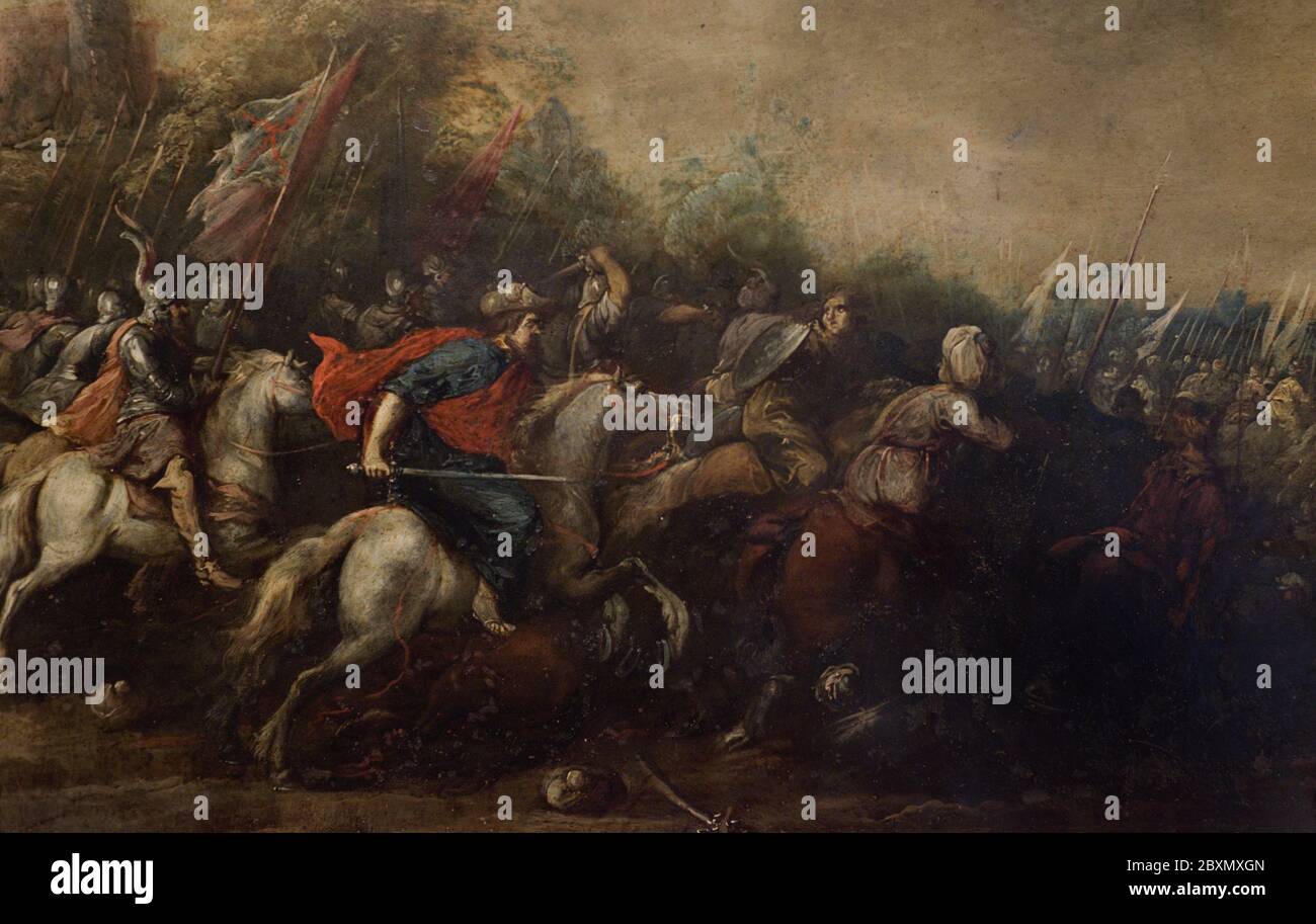 Schlacht von Clavijo (844). Der Überlieferung nach besiegte der König von Asturien Ramiro I., der von dem Apostel Jakobus auf einem weißen Pferd unterstützt wurde, eine muslimische Armee, die vom Emir von Cordoba Abd-al-Rahman in Clavijo kommandiert wurde. Der heilige Jakobus in der Schlacht von Clavijo. Gemälde von Pedro Ruiz Cenzano (ca. 1540-1598), Ende des 16. Jahrhunderts. Detail. Öl auf Kupfer. Museum für Pilgerfahrt und Santiago. Santiago de Compostela, Galicien, Spanien. Stockfoto