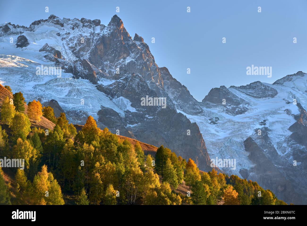 Der Gletscher La Meije im Herbst im Ecrins Nationalpark. Hautes-Alpes (05), Alpen, Frankreich Stockfoto
