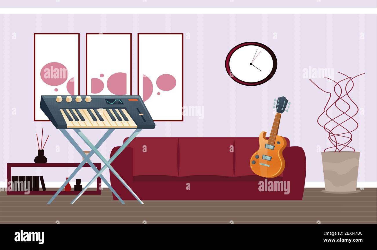 Musikinstrumente in einem Wohnzimmer platziert Stock Vektor