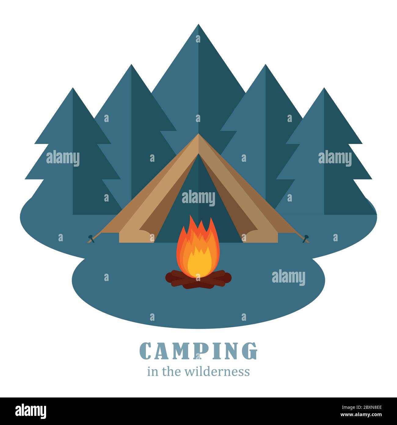 Camping Abenteuer Zelt im Wald mit Lagerfeuer Vektor-illustration EPS 10. Stock Vektor