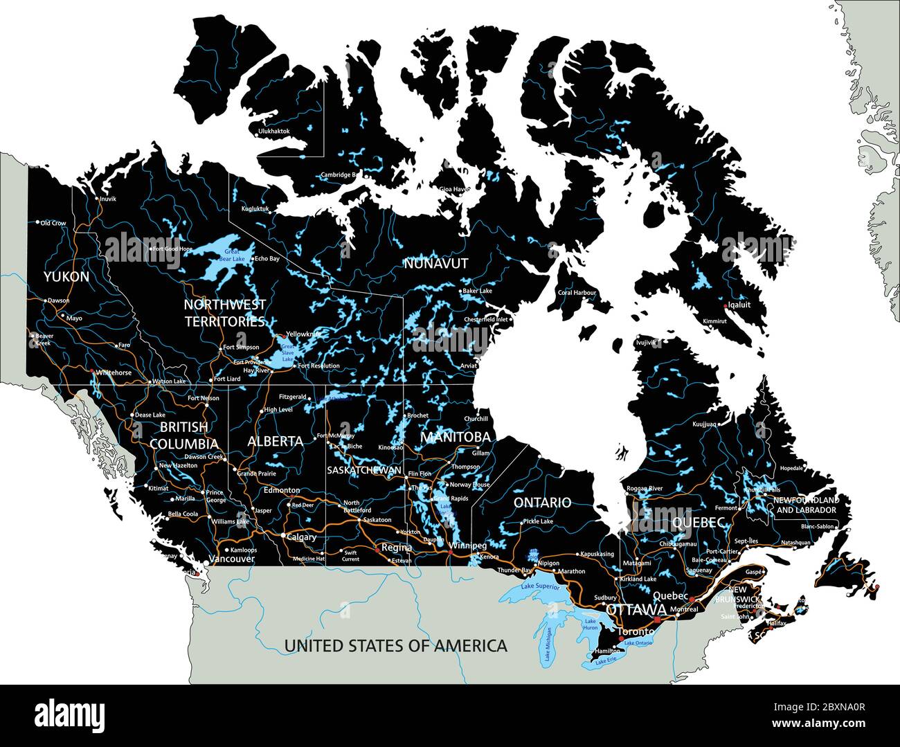 Detaillierte Kanada-Straßenkarte mit Beschriftung. Stock Vektor