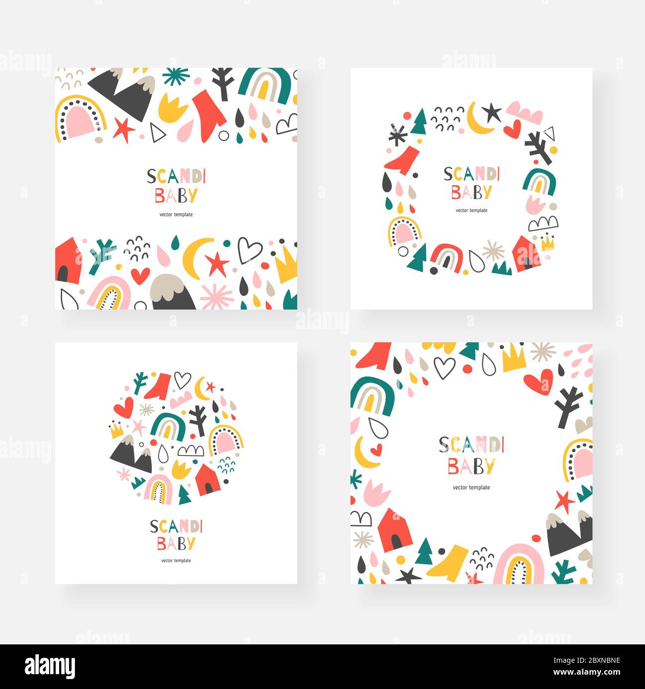 Skandinavische Babykarten-Kollektion, Satz von Vektorrahmen, Bordüren und Kränze mit Kopierraum, abstrakte Doodle-Formen, modernes minimalistisches Design Stock Vektor