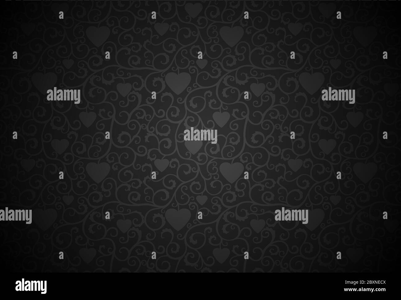 Schwarzer Hintergrund mit Locken und Herzen. Stock Vektor