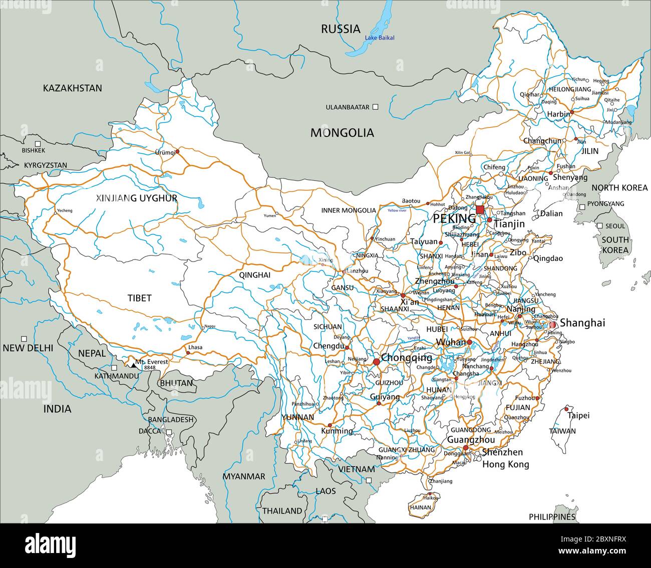 Detaillierte China-Straßenkarte mit Kennzeichnung. Stock Vektor