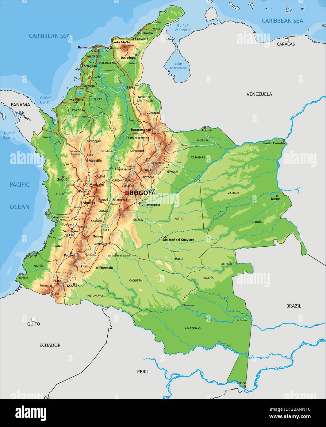 Detaillierte Kolumbien physikalische Karte mit Beschriftung. Stock Vektor