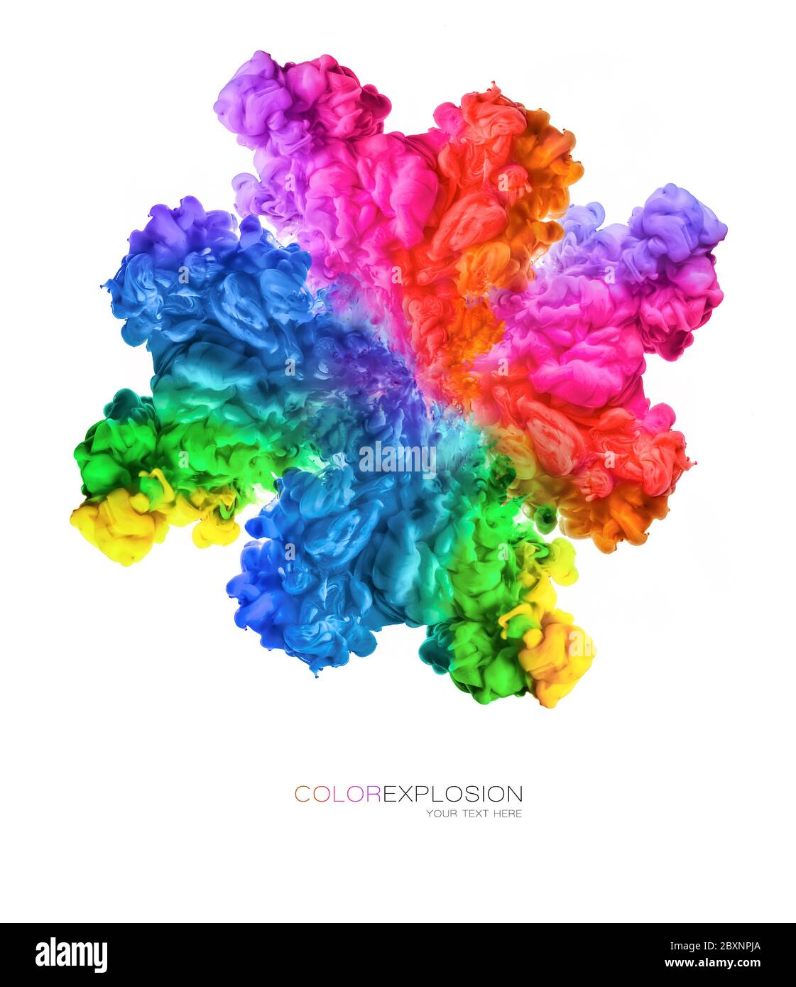 Farbexplosion. Regenbogen der Farben. Tinte in Wasser isoliert auf weißem Hintergrund mit Kopierplatz für Text Stockfoto