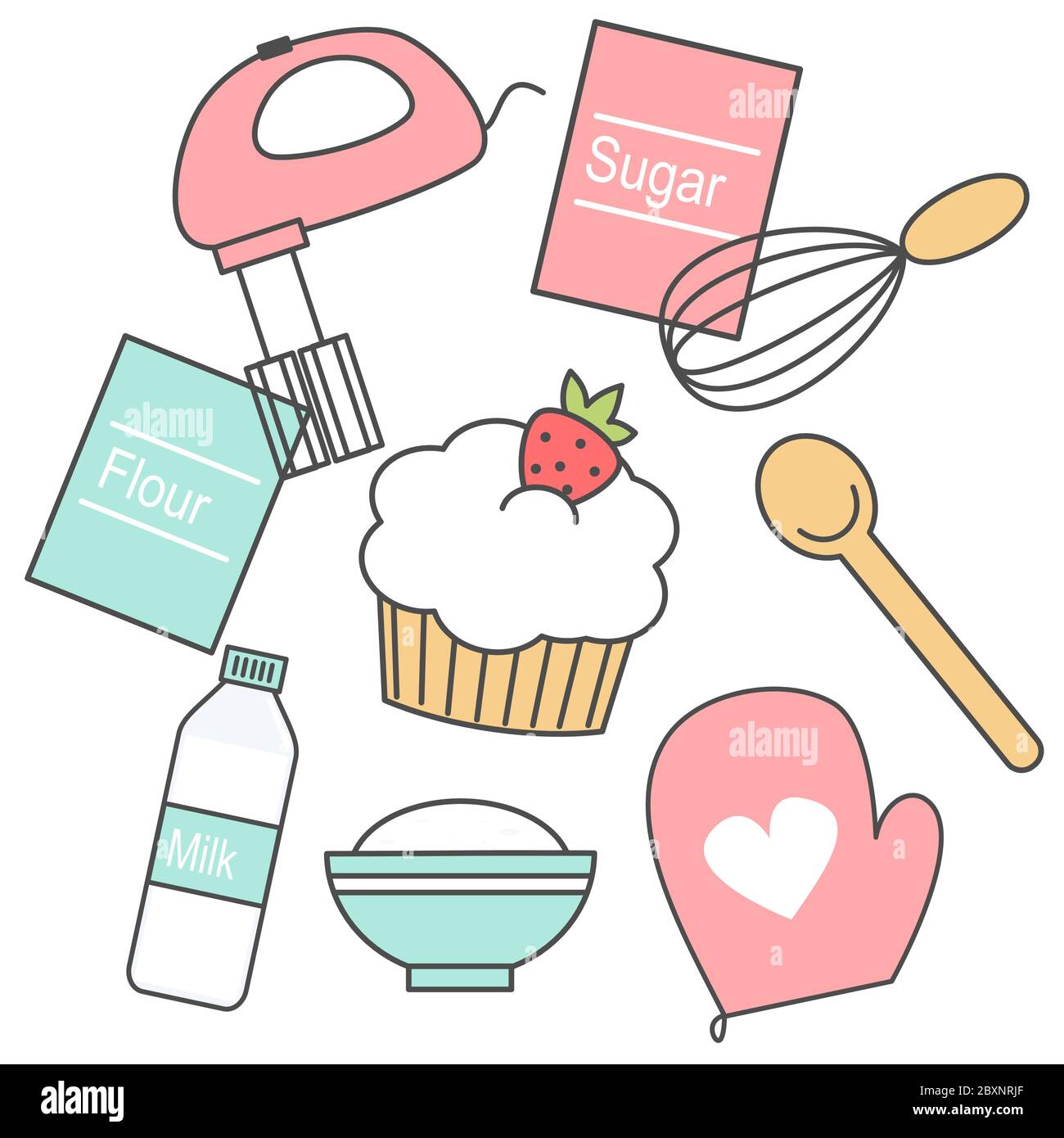 Cute Backen Küche Icons Doodle Vektor-Set mit Cupcake Stock Vektor