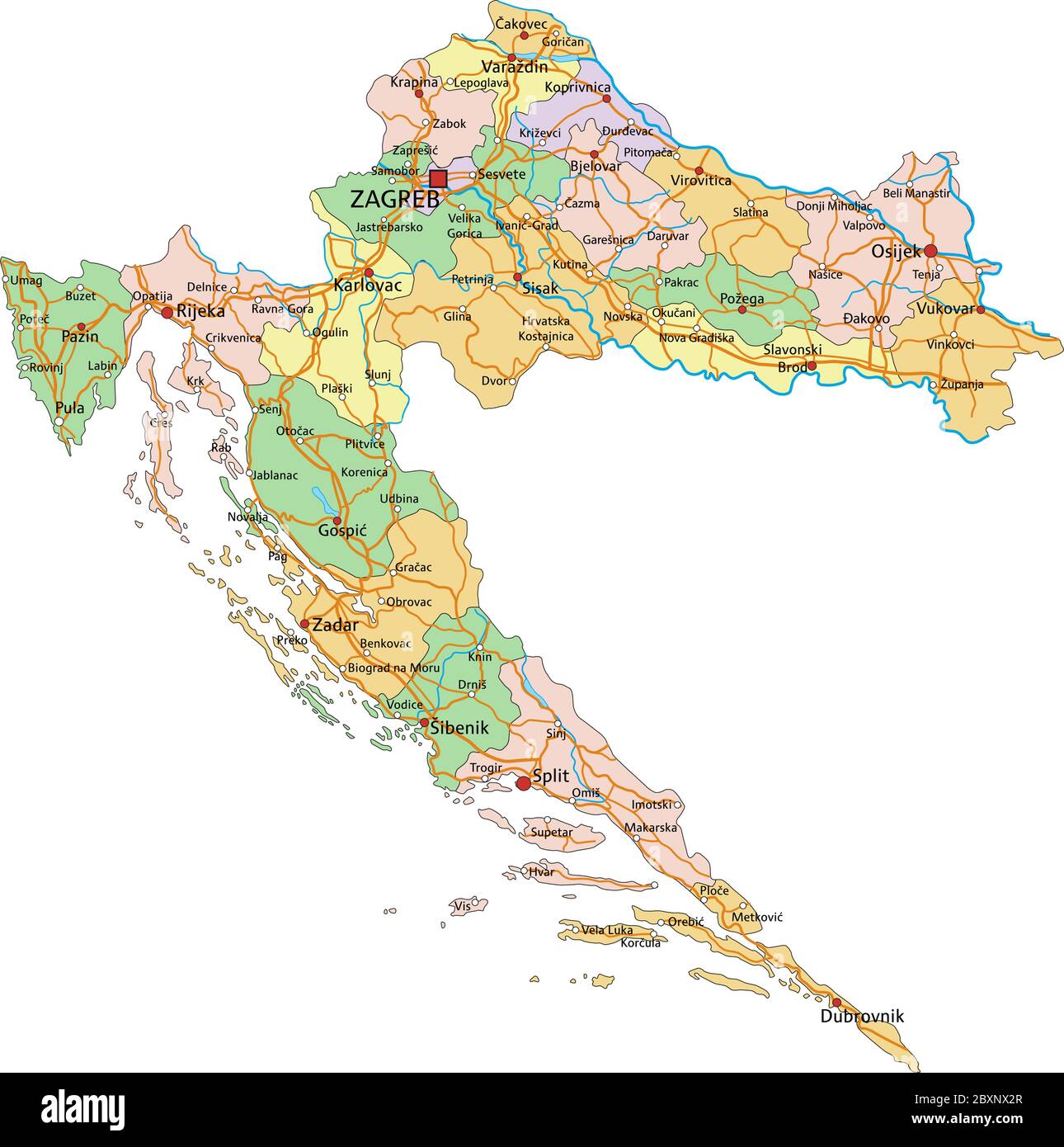 Kroatien - sehr detaillierte editierbare politische Karte mit Beschriftung. Stock Vektor
