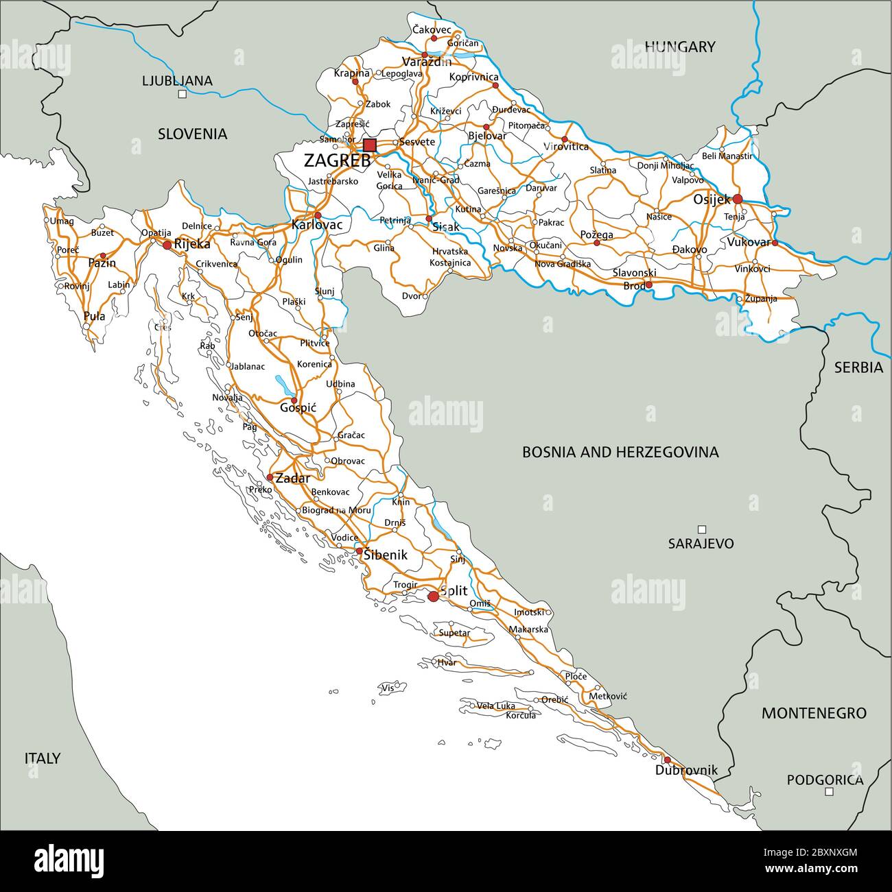 Detaillierte Kroatien Straßenkarte mit Kennzeichnung. Stock Vektor