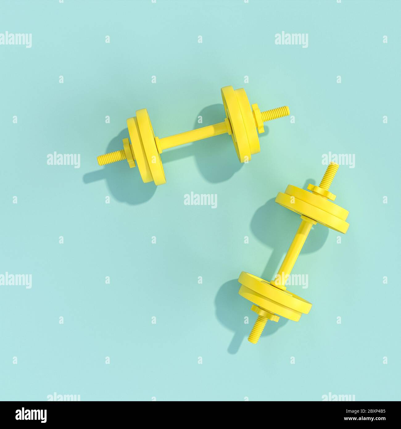 Gelbe Turnhanteln auf hellblauem Hintergrund im flachen Lay-Style. 3d-Rendering. Quadratisches Format. Sport- und Gesundheitskonzept. Stockfoto