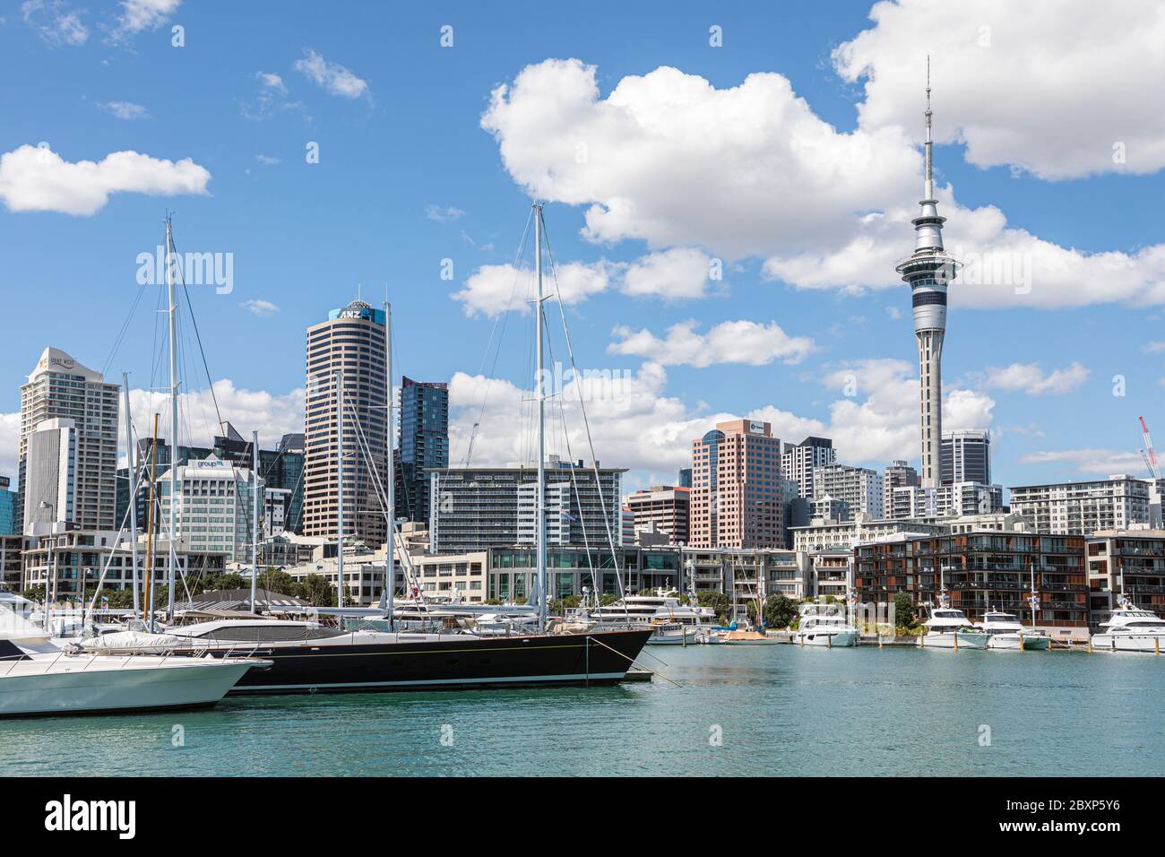 Blick auf das Stadtzentrum von Auckland und den Sky Tower vom Viaduct Harbour, Neuseeland Stockfoto