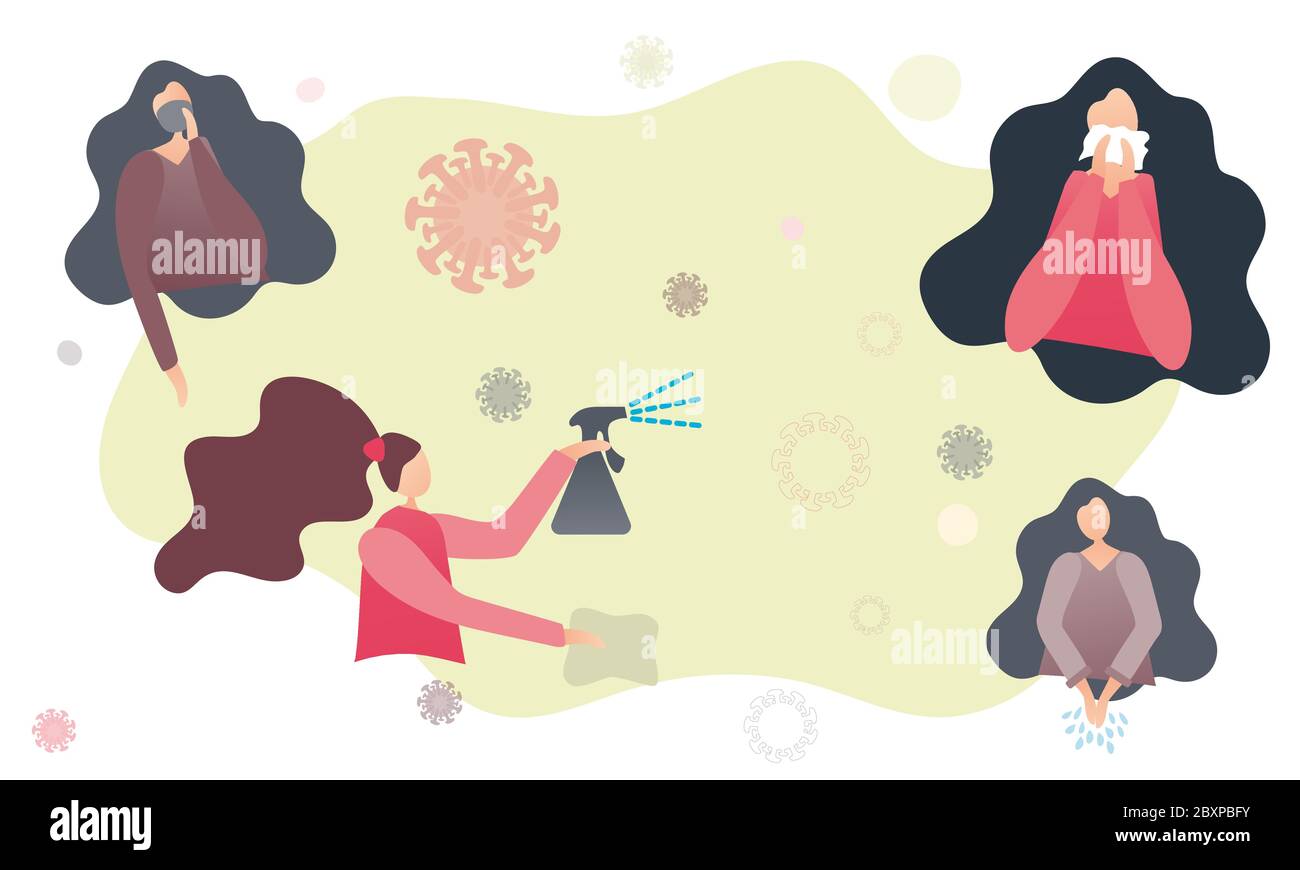Symbole zur Prävention des Coronavirus Covid-19. Frau zeigt, wie man sich schützt und gegen Viren kämpft. Abbildung flacher Vektorgrafiken. Stock Vektor