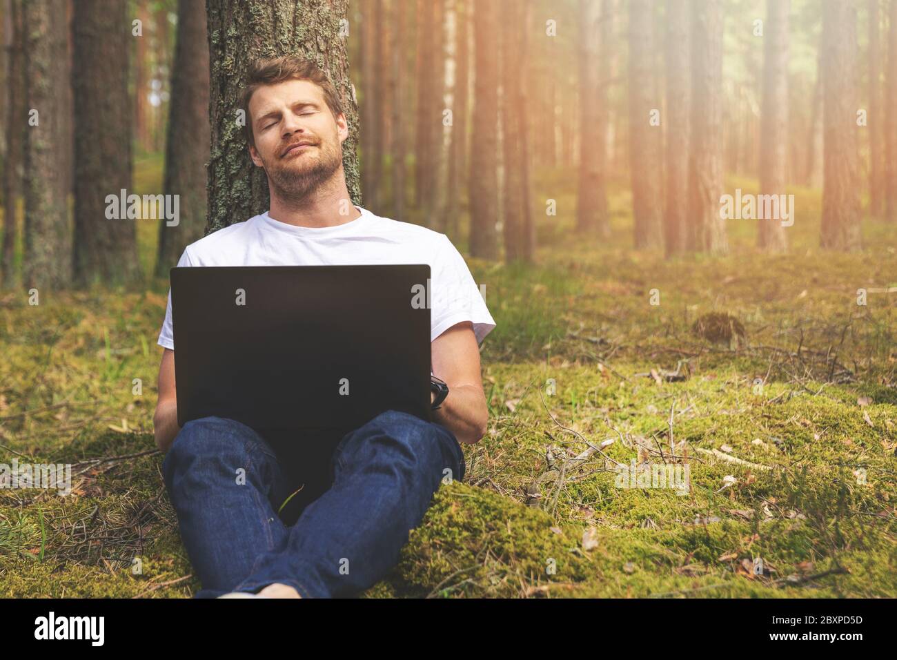Fernarbeit in der Natur - Mann mit Laptop, der sich im Wald entspannt Stockfoto
