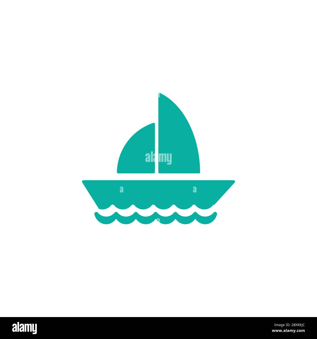 Flache aquamarinblaue Silhouette des Bootes mit Segel und kleiner winkender Flagge auf dem Wasser. Isoliert auf weißem Hintergrund. Seekarte für den Sommer. Stock Vektor