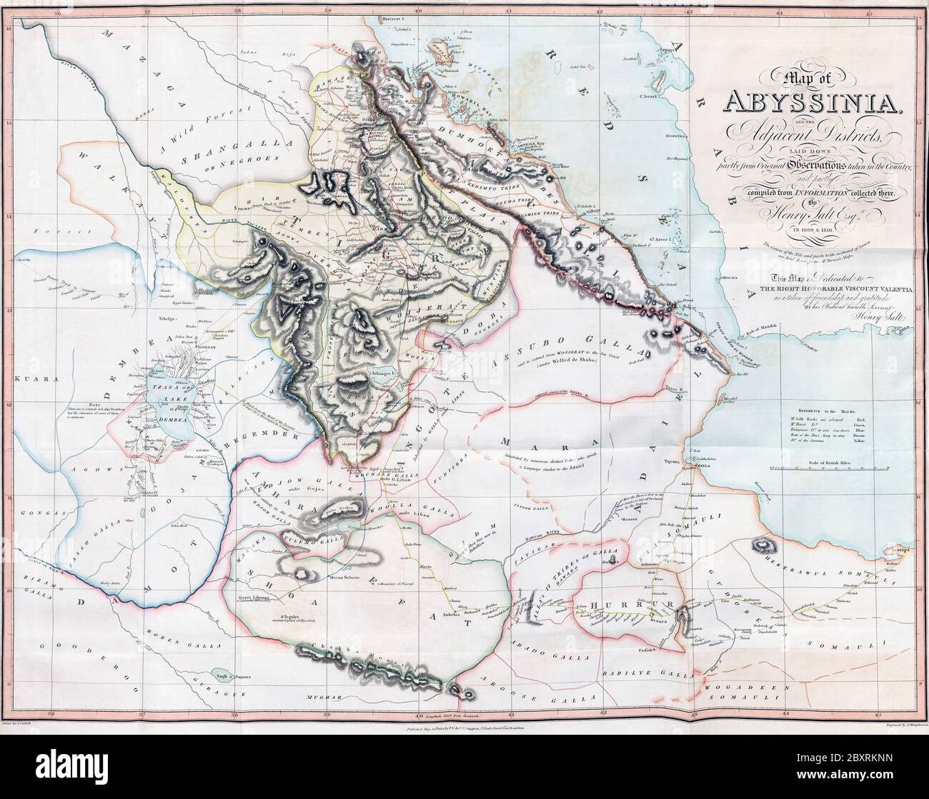 Karte von Abessinien und den angrenzenden Bezirken. Aus Beobachtungen des britischen Reisenden und Künstlers Henry Salt in den Jahren 1809 und 1810. Gezeichnet von J. Outhett und gestochen von A. Macpherson. Veröffentlicht 1814. Verwendet in Henry Salt Buch EINE Reise nach Abessinien, und reist in das Innere dieses Landes. Stockfoto