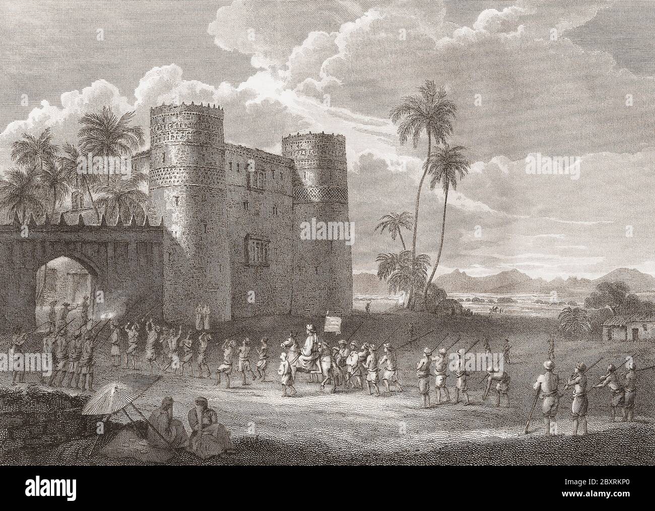 Burg des Sultans von Aden in Lahej, Sultanat von Lahej, im frühen 19. Jahrhundert. Nach einem Stich von Charles Heath aus einem Werk von Henry Salt. Stockfoto
