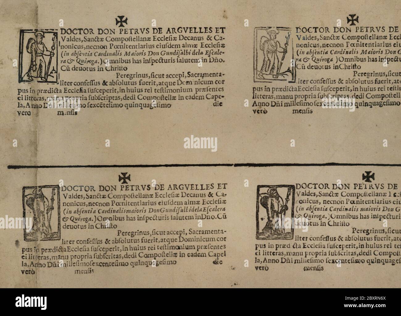 Bedrucktes Blatt mit Compostelas. Papier. Santiago de Compostela (Galicien, Spanien), 1650. Die Compostela ist ein Dokument, das beglaubigen soll, dass die Pilgerfahrt abgeschlossen ist. Es erscheint das Bild von Santiago, der Name des Absenders und die Information über den Pilger. Museum für Pilgerfahrt und Santiago. Santiago de Compostela Galicia, Spanien. Stockfoto