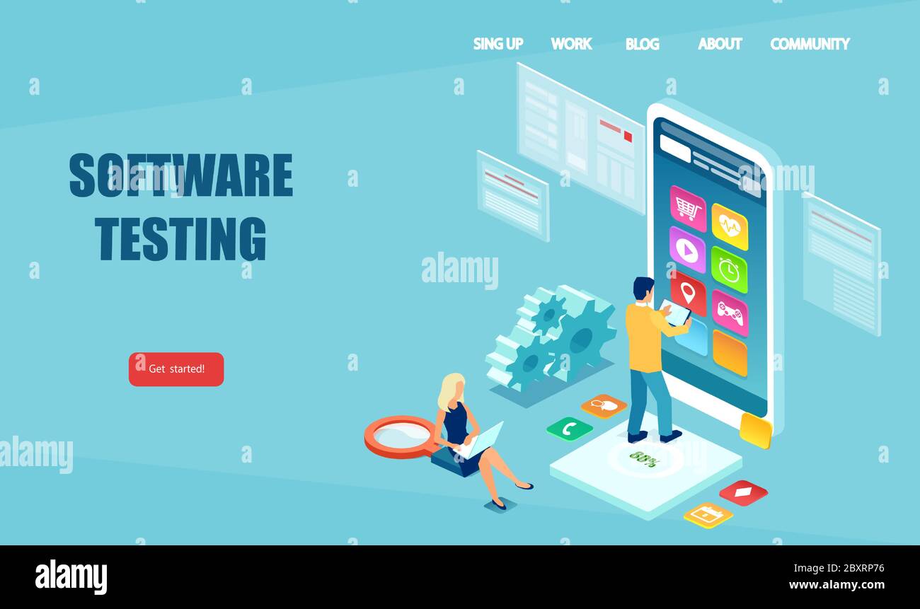 Softwareentwicklung und Qualitätssicherung von Anwendungen. Vektor der IT-Entwickler testen Handy-Apps Stock Vektor