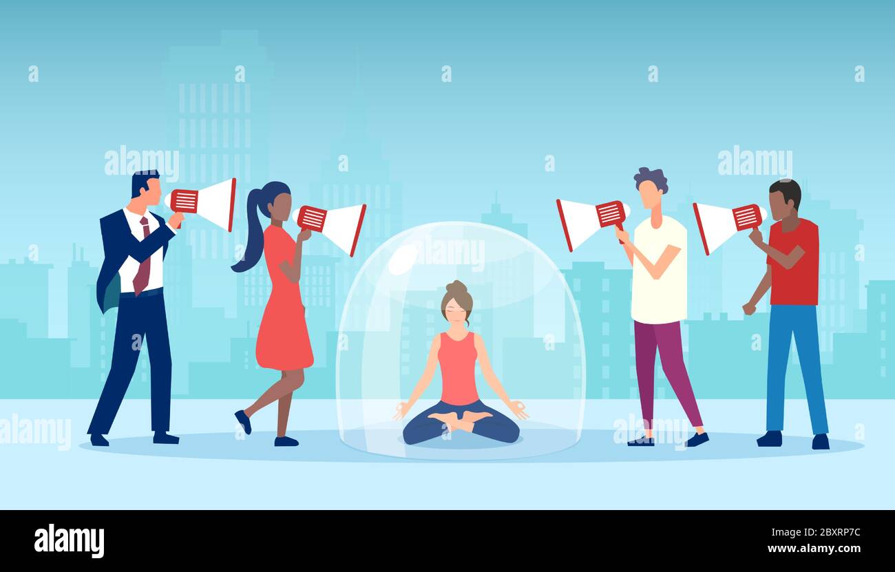 Vektor einer jungen Frau, die in der Glaskuppel sitzt und meditiert, umgeben von Menschen, die in Megaphonen schreien Stock Vektor
