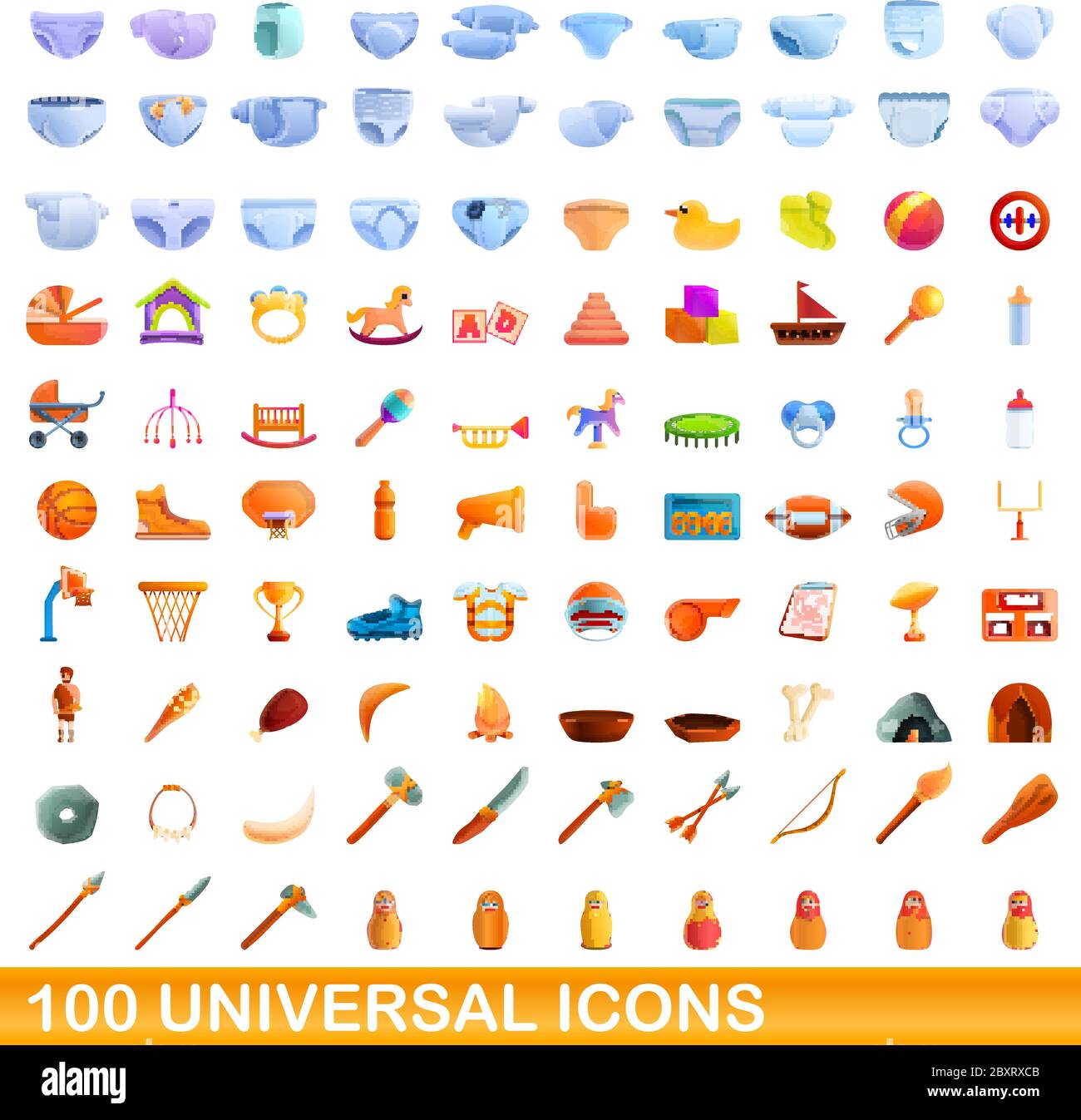 100 universelle Symbole gesetzt. Cartoon Illustration von 100 universelle Symbole Vektor auf weißem Hintergrund einstellen Stock Vektor