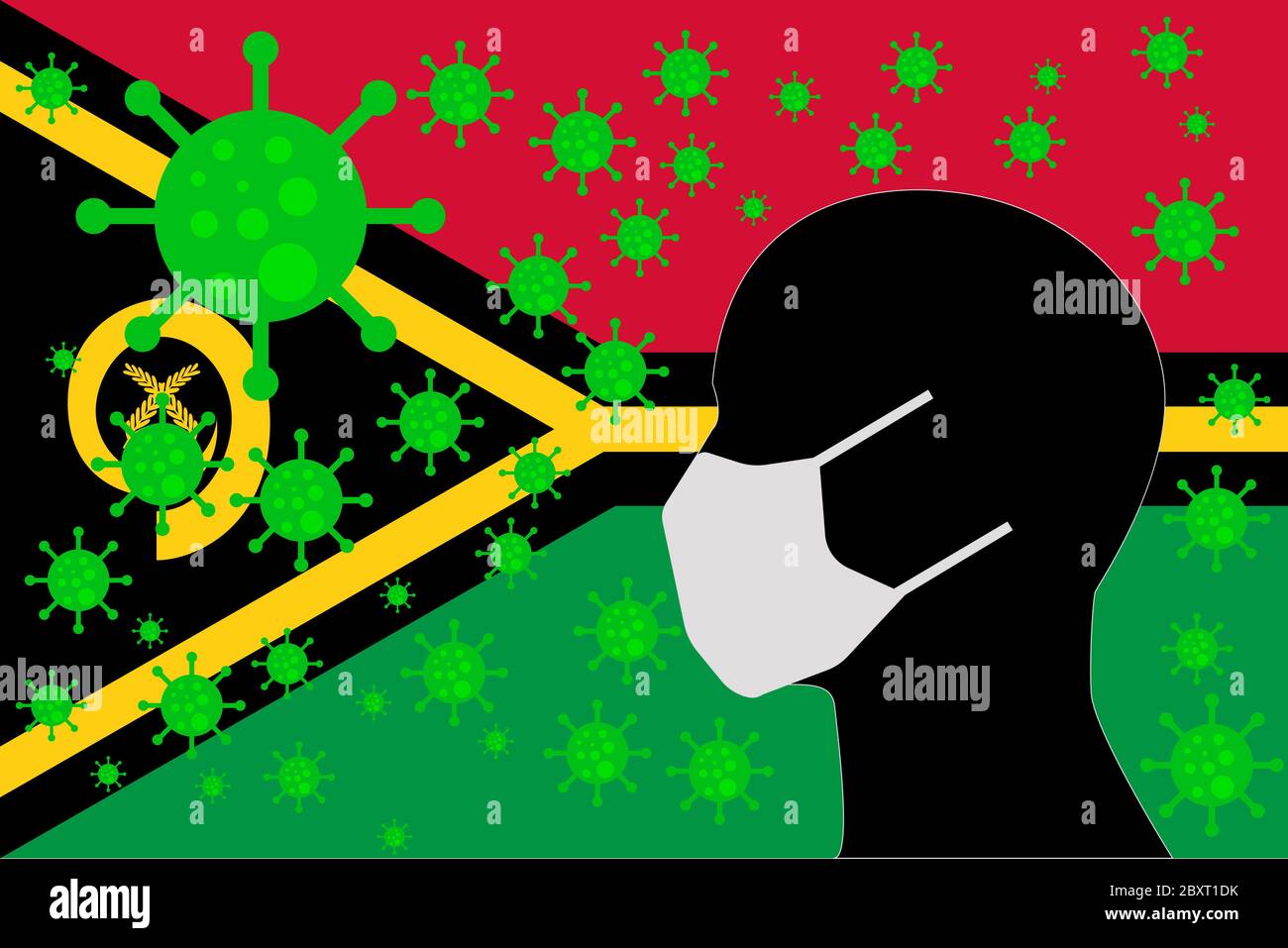 Mensch mit einem Mund Gesicht Masken oder Mund Abdeckung mit Virus mit VANUATU Flagge umgeben Stockfoto