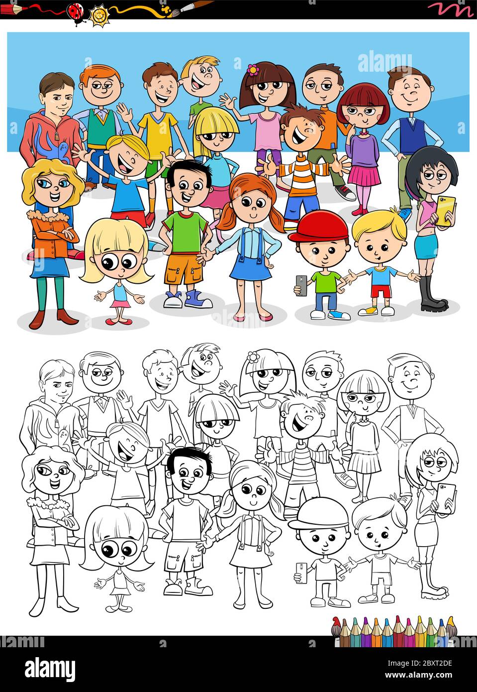 Cartoon Illustration von Kindern Charaktere Gruppe Malbuch Seite Stock Vektor