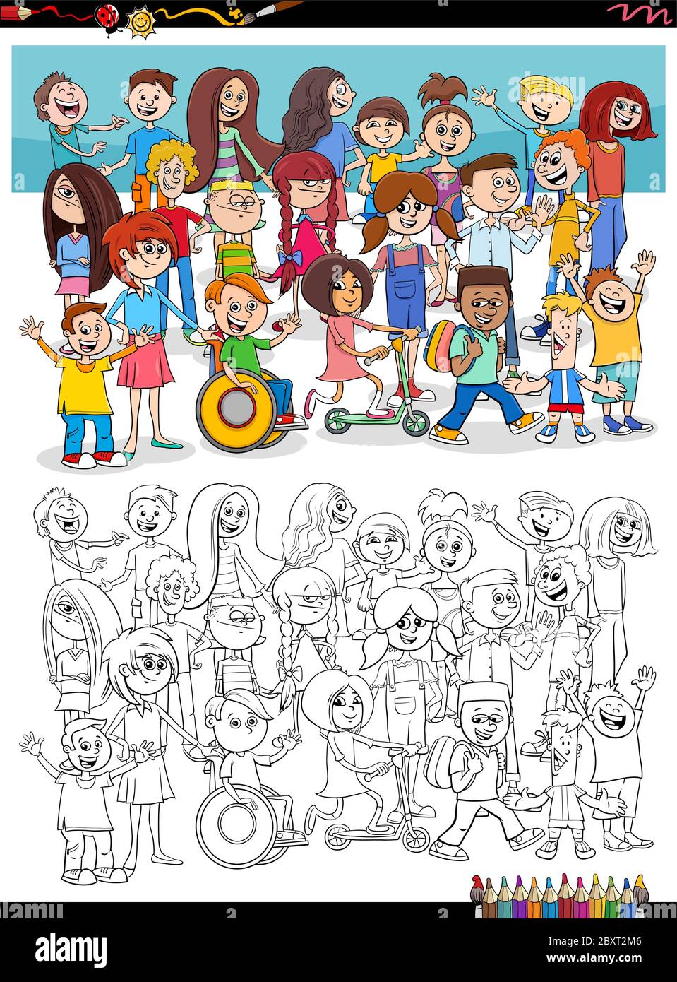 Cartoon Illustration von Kindern und Jugendlichen Charaktere Gruppe Malbuch Seite Stock Vektor