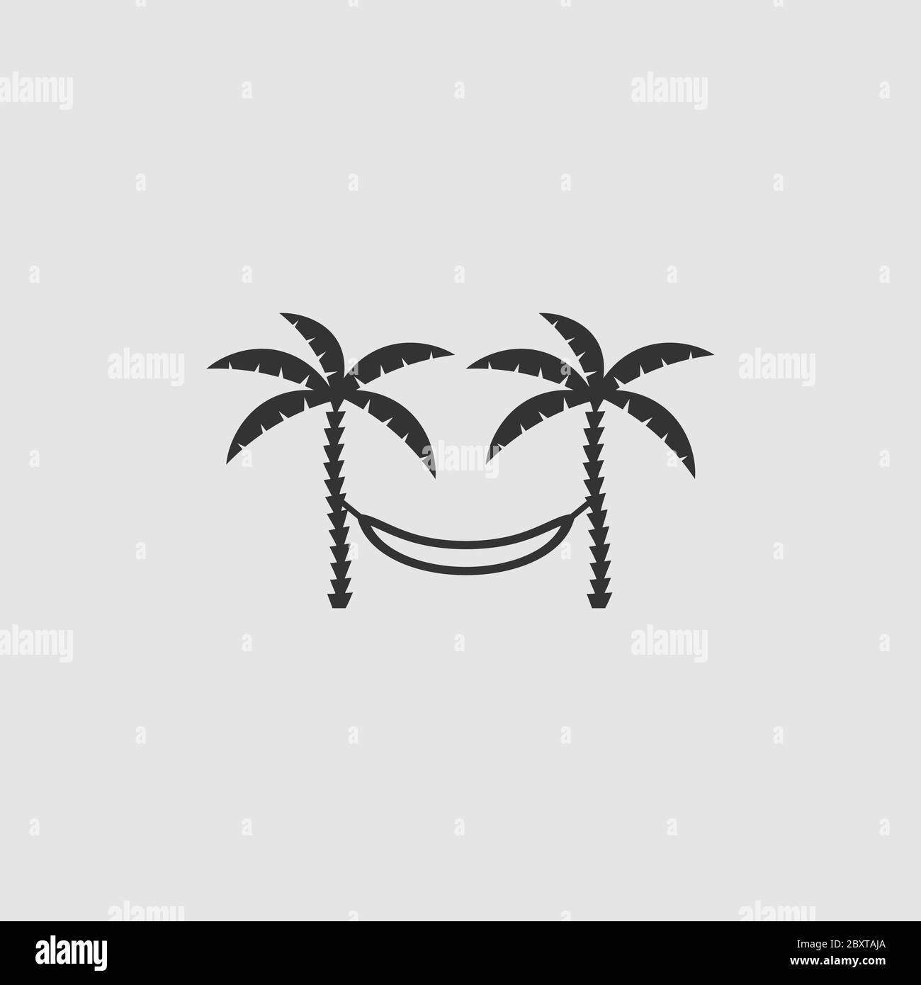 Entspannende Hängematte zwischen zwei Palmen Icon flach. Schwarzes Piktogramm auf grauem Hintergrund. Symbol für Vektorgrafik Stock Vektor