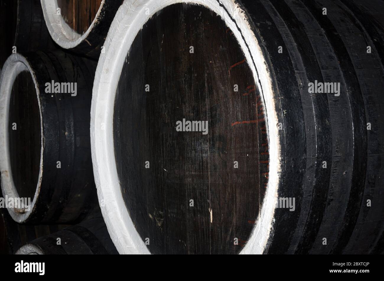 Reihen von Alkoholfässern in einem Lager einer Fabrik für die Produktion von Cognac, Whiskey, Wein, Brandy. Stockfoto