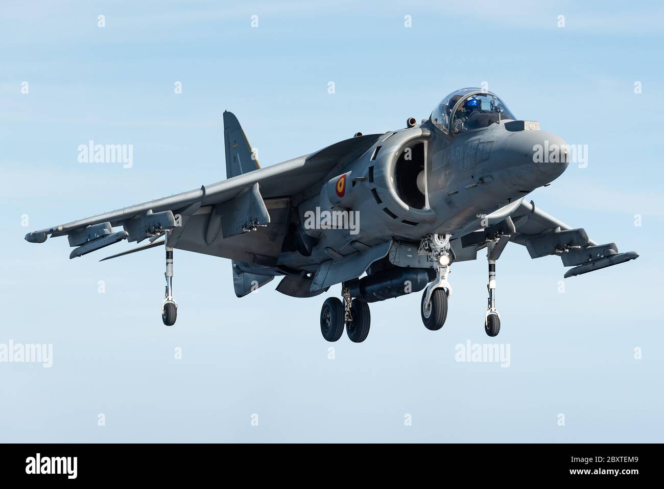 Ein McDonnell Douglas AV-8B Harrier II Jagdjet der spanischen Marine ist bereit, auf dem Juan carlos I Flugzeugträger der spanischen Marine zu landen. Stockfoto