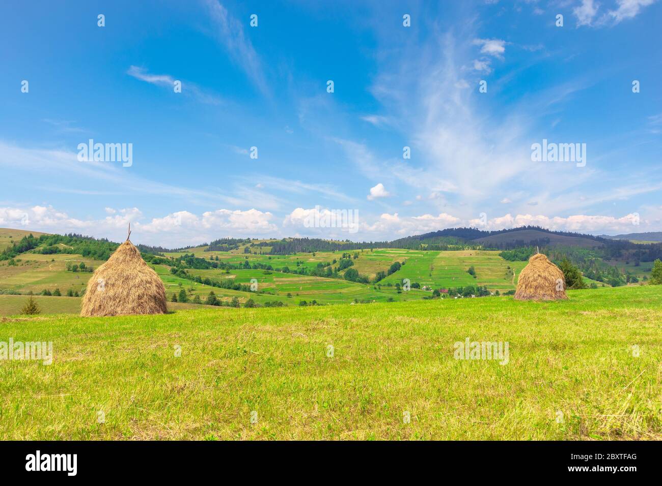Verwittertes Heu auf dem Feld. Idyllische Landschaft an einem sonnigen Tag. Wunderbare ländliche Landschaft der karpaten Berge Stockfoto