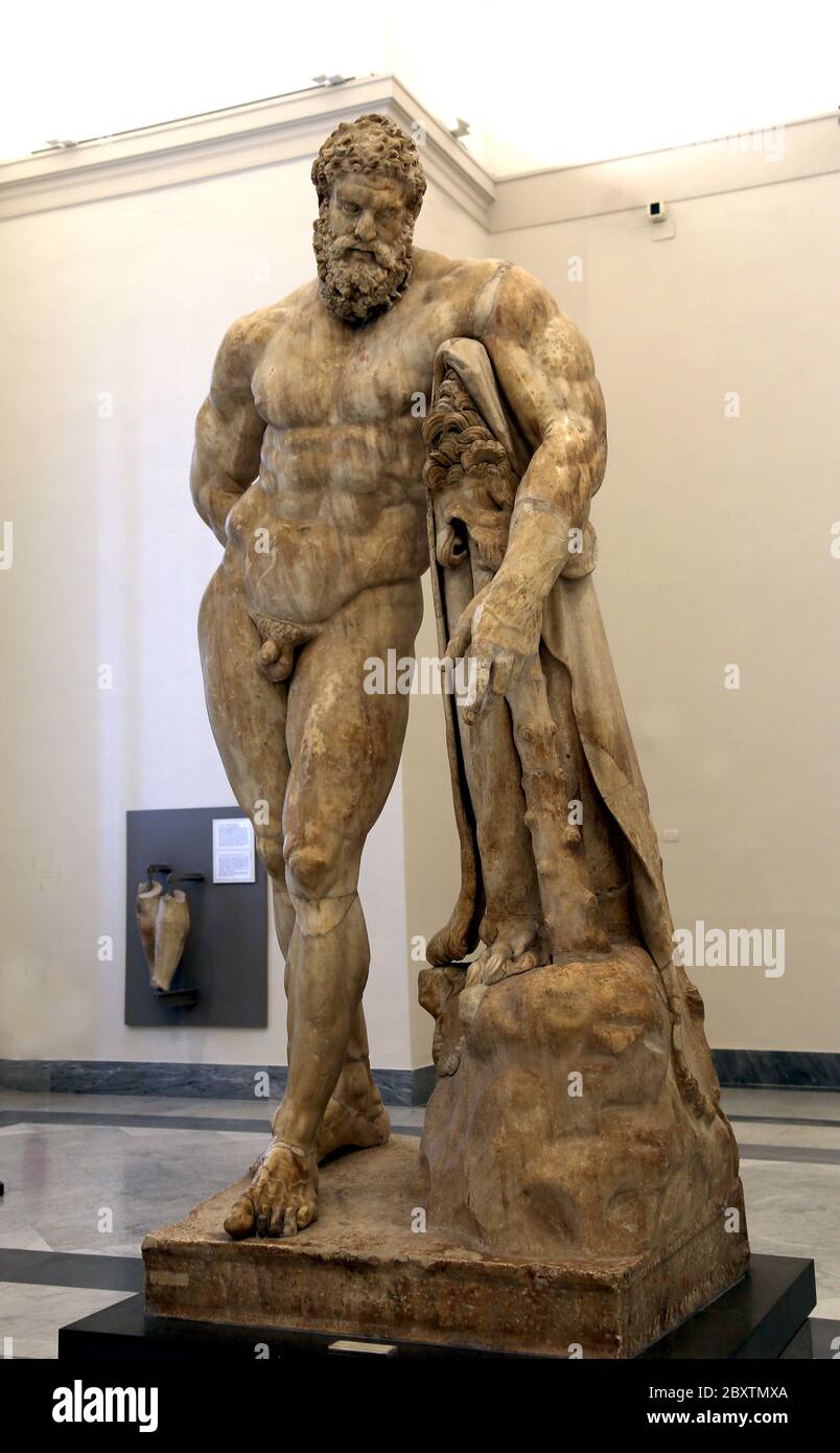 Hercules in Ruhe, Farnese Hercules. 3. Jahrhundert n. Chr. Bäder von Caracalla, römische Kopie eines griechischen von Lysippos. Archäologisches Museum von Neapel. Stockfoto